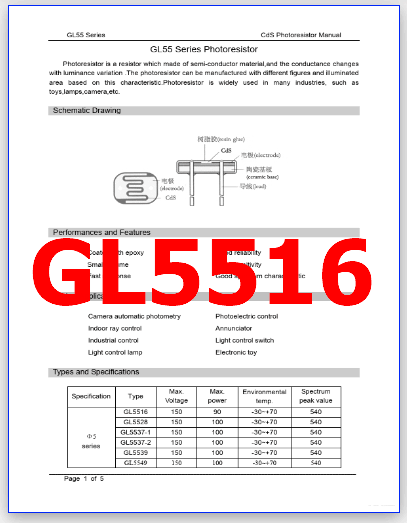 GL5516 PDF Datasheet Photoresistor