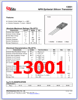 13001 PDF Datasheet - 400V, 200mA, NPN Transistor