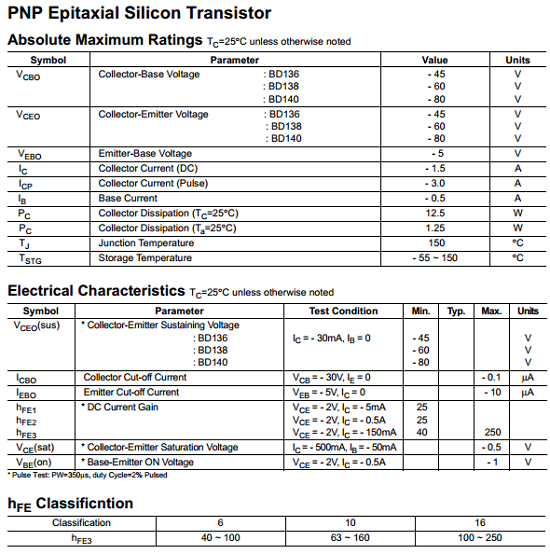 BD136 Datasheet PDF - 1.5A, 45V, PNP Transistor - Fairchild